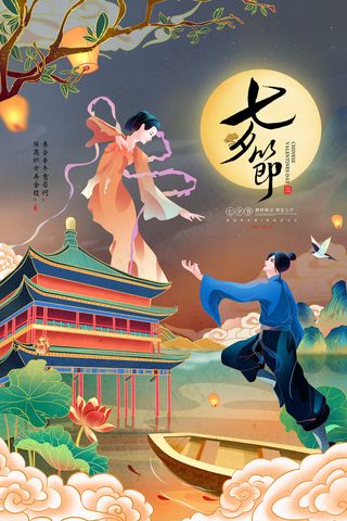 手绘中国传统节日七夕节海报