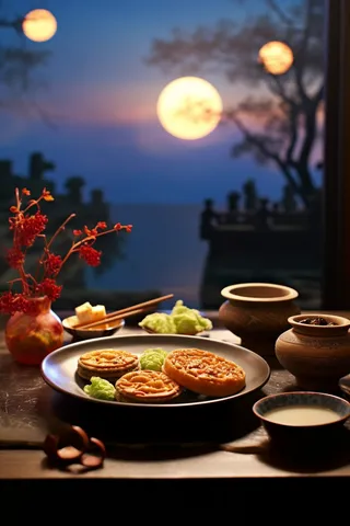 中秋月圆夜晚下餐桌上的美食月饼摄影图