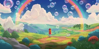 蓝天白云彩色泡泡彩虹草原树林风景插画背景