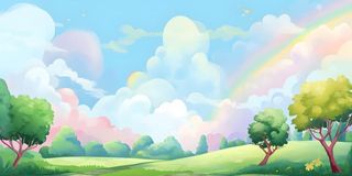 春天蓝天白云彩虹树林草坪手绘插画风景海报素材背景