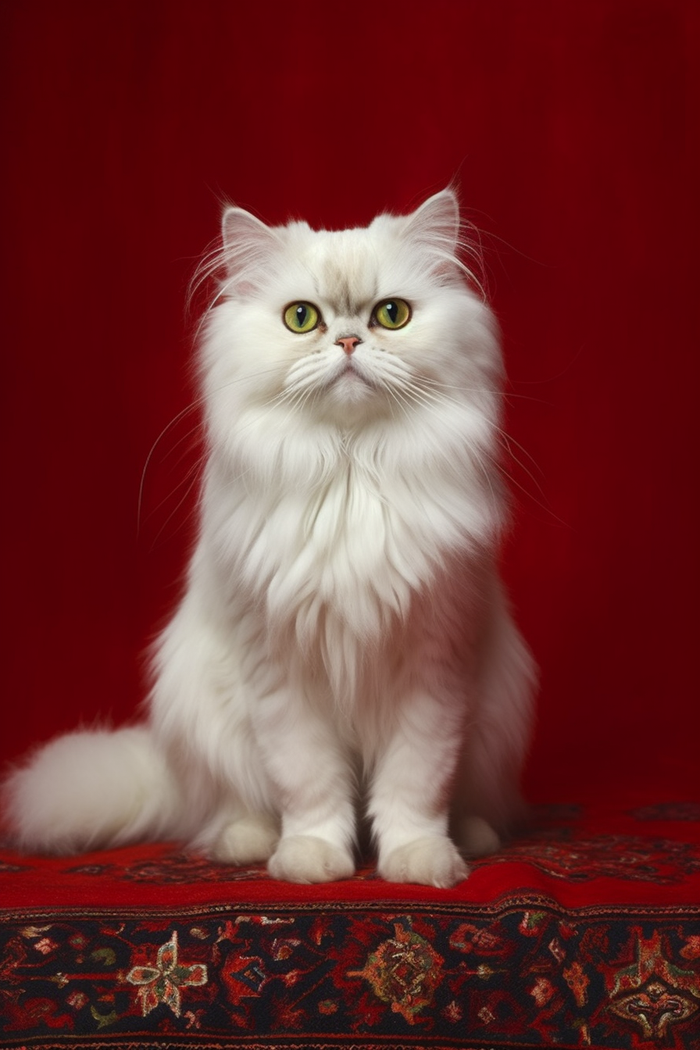 白色长毛猫咪在红色背景摄影图