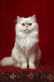 白色长毛猫咪在红色背景摄影图