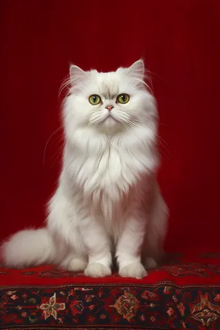 白色长毛猫咪在红色背景摄影图