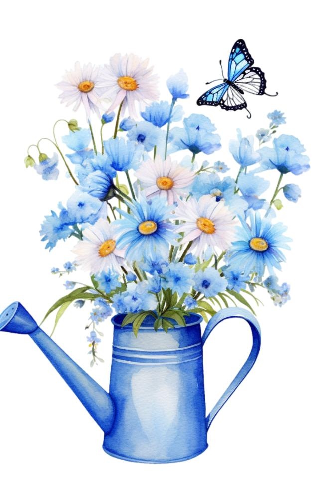 蓝色洒水桶的蓝色小花蝴蝶插画免抠