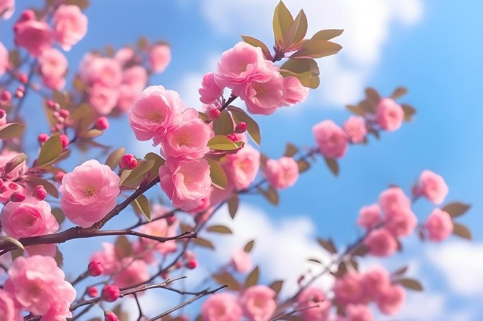 蓝天白云粉色树枝花朵樱花摄影海报素材背景(5376x3584)