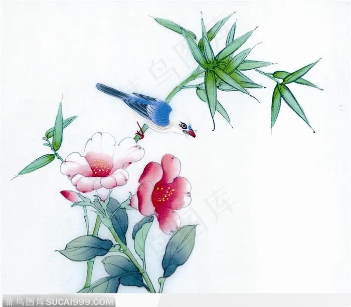 工笔画蓝鸟花图