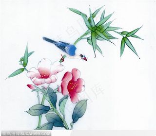 工笔画蓝鸟花图