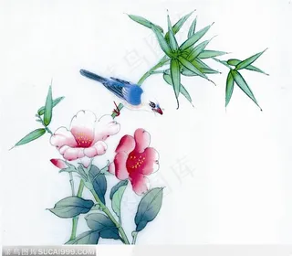 工笔画蓝鸟花图