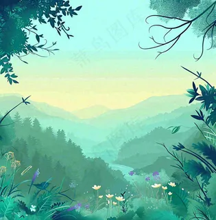 春天山脉小溪河流花丛绿植清新手绘插画，春分惊蛰