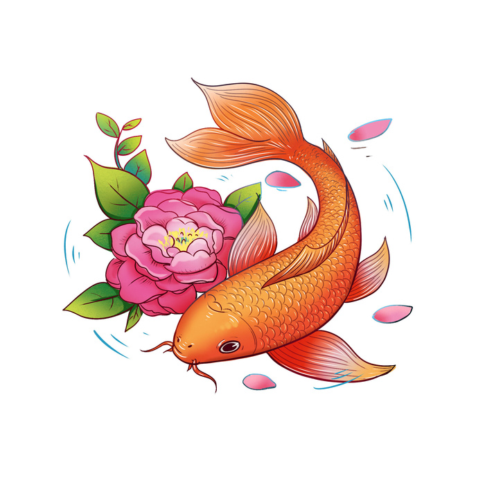 手绘国潮古风喜庆铜钱锦鲤鱼金鱼荷花插画场景装饰PSD设计素