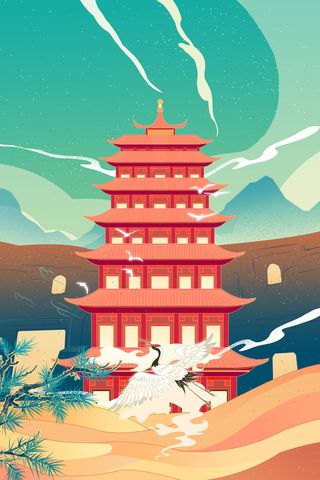 中国风国潮古建筑地标城市古风建筑阁楼印象地标手绘插画PSD素材