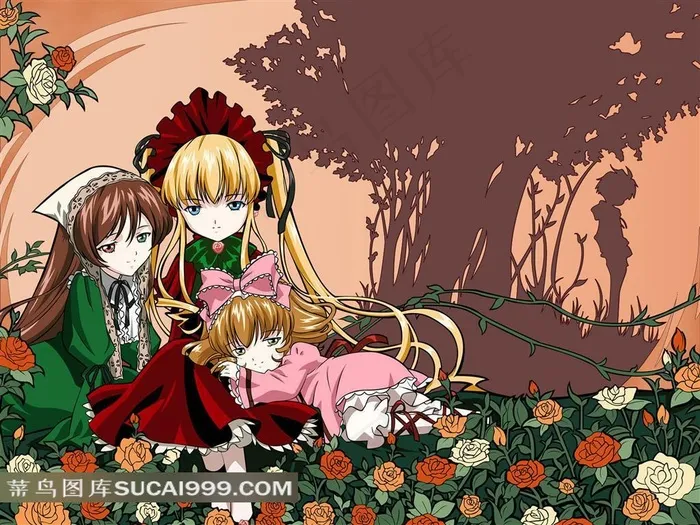 鲜花丛中的美少女插画