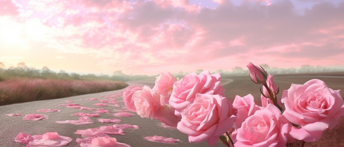 路上的粉红玫瑰 美丽的高清花卉景观，rachel ruysch 的风格，浅粉色和浅青铜色，wilhelmina weber furlong，环保工艺，alma woodsey thomas，阳光照在上面，屡获殊荣背景(6720x2880)