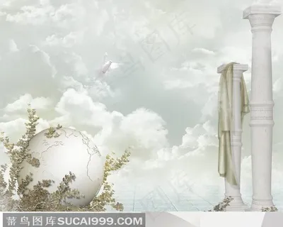 白色罗马柱 金色丝绸 白鸽 蓝天白云、白色地球