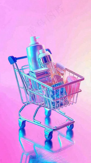 商品购物车电商美妆洗漱用品，彩色缤纷C4D