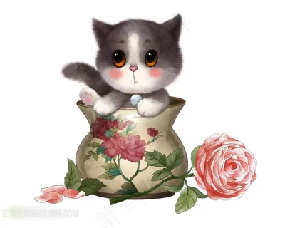 花瓶里的小猫玫瑰花插画