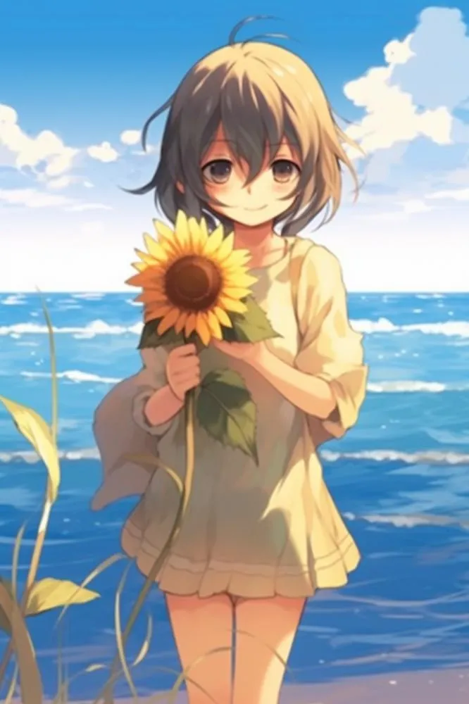 海边拿着向日葵的女孩插画背景(896x1344)