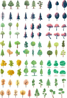 插画风AI矢量植物建筑景观效果图小清新PSD配景树PS后期免抠素材