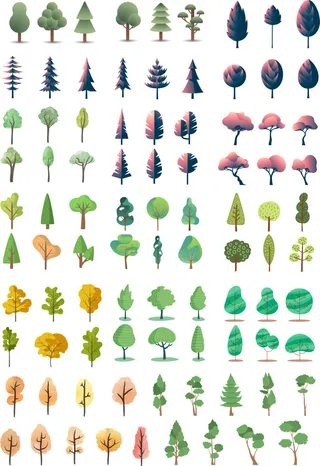 插画风AI矢量植物建筑景观效果图小清新PSD配景树PS后期免抠素材