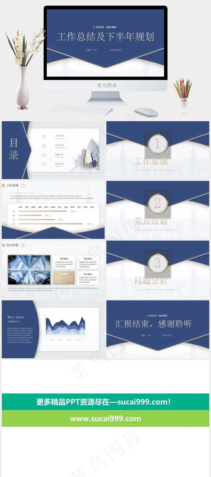 高端蓝金几何风工作总结计划PPT模板