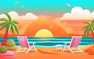 夏日海滩椰子树沙滩椅晚霞背景