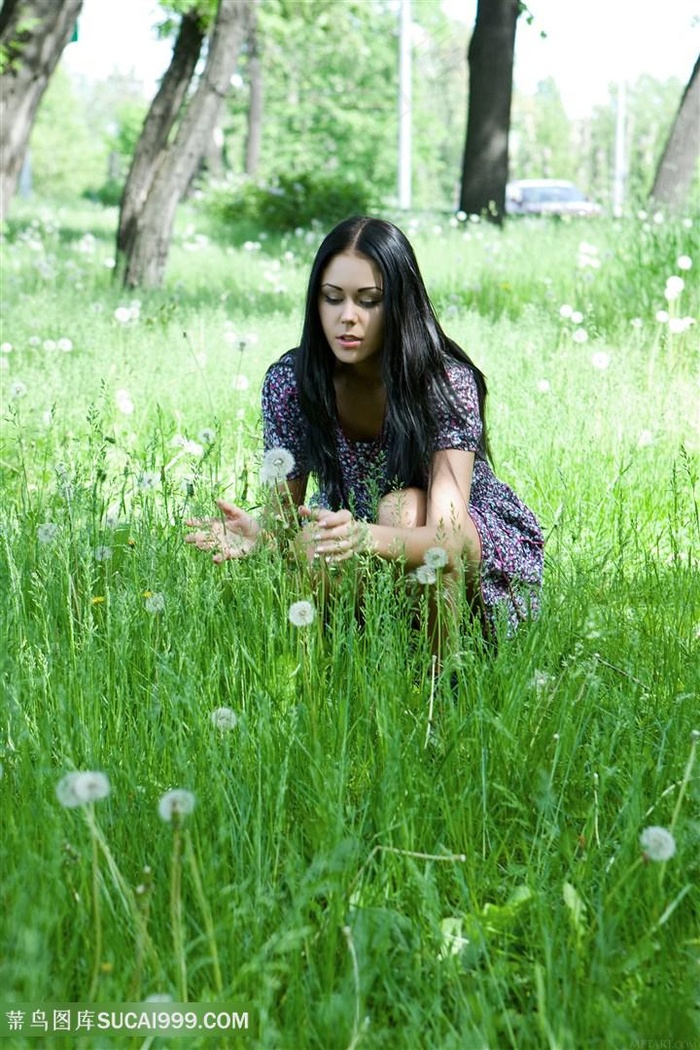 蹲在草地摘花的美女图片高清