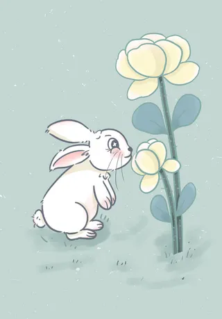 卡通呆萌清新兔子闻花海报插画