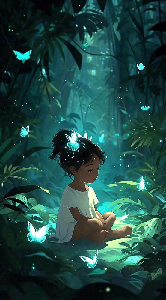森林意境儿童少女灯光蝴蝶手绘插画，丛林树木(816x1472)