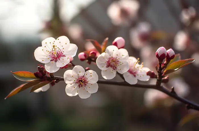 开花的中国传统梅花在阳光下摄影图(5440x3584)