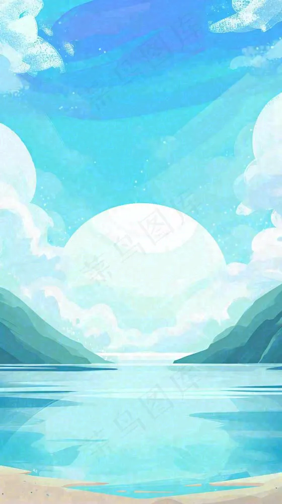 夏天蓝色扁平卡通插画蓝天白云湖水远山(816x1456)