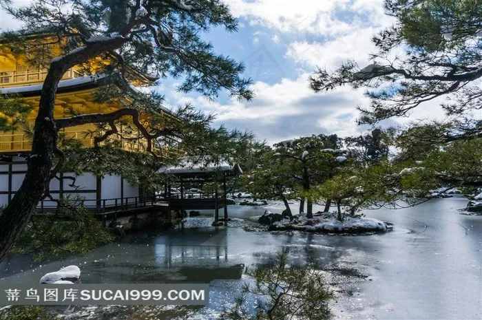 日本京都鹿苑寺冬日园林景观
