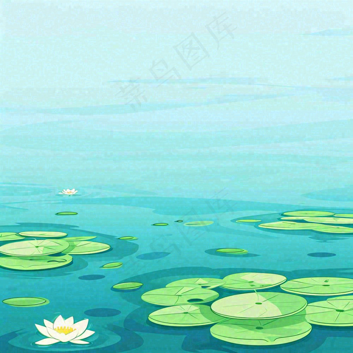 中国风夏日荷塘池白色荷花盛开手绘插画，立夏夏至大暑小暑(1024x1024)
