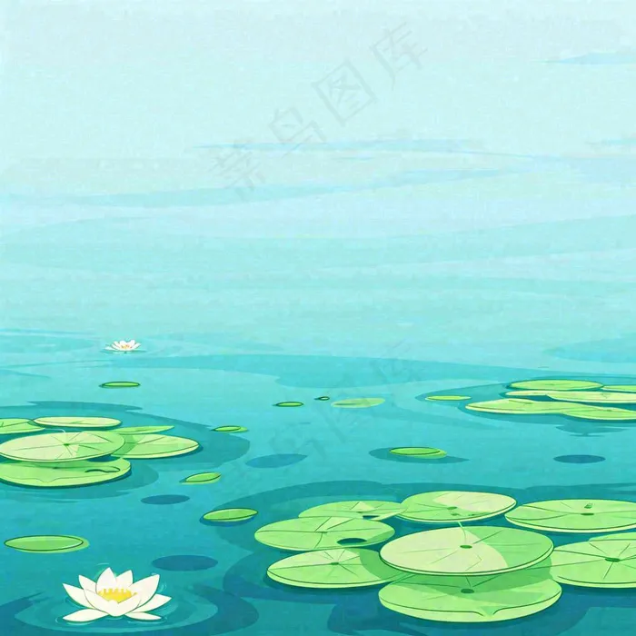 中国风夏日荷塘池白色荷花盛开手绘插画，立夏夏至大暑小暑(1024x1024)