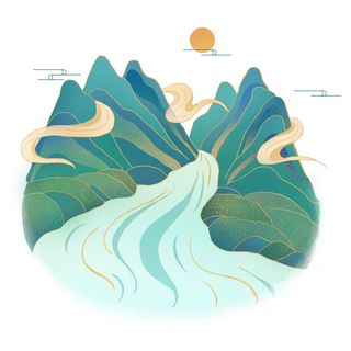 中国风国潮山水插画祥云中式手绘烫金线条元素png装饰背景PSD素材