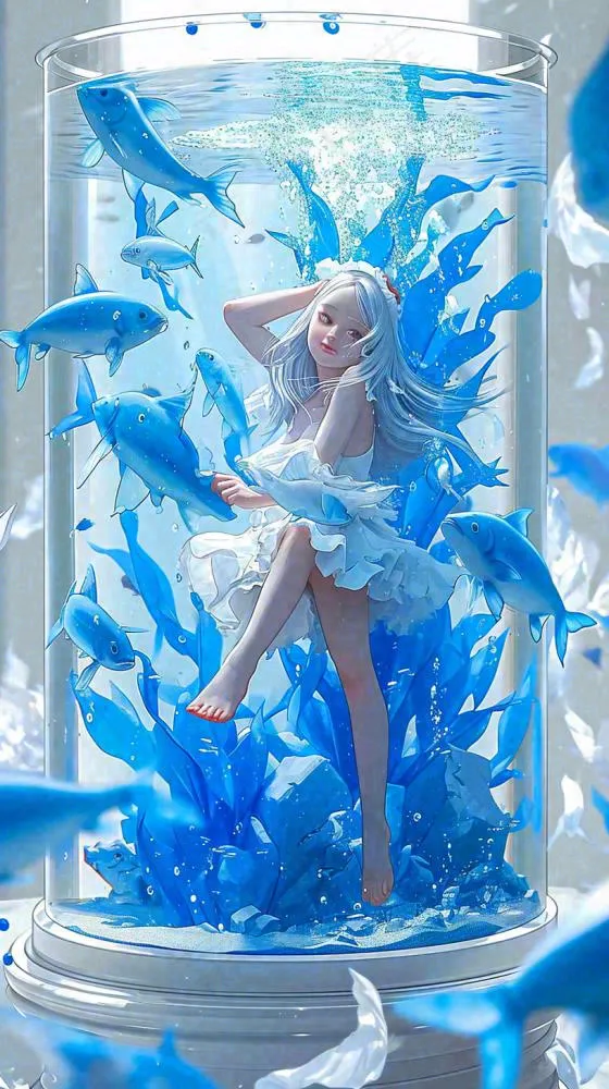 蓝色水面美人鱼，鱼类少女动漫漫画手绘插画(816x1456)