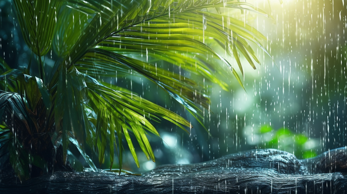雨季雨滴敲打在叶片土地上摄影图(4368x2448)
