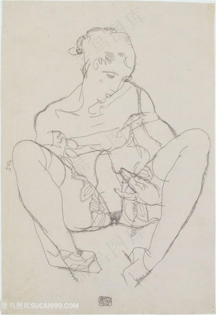 席勒手绘线描女性装饰画