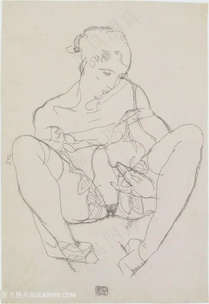席勒手绘线描女性装饰画