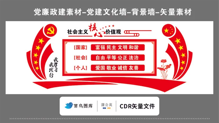 党建文化墙党建素材CDR预览图红色背景*核心价值观国家社会个人cdr矢量模版下载