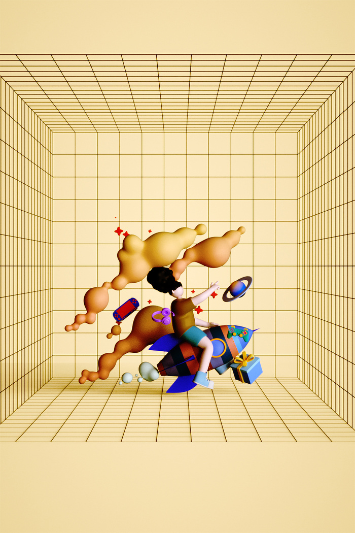立体人物角色小火箭暖色C4D背景