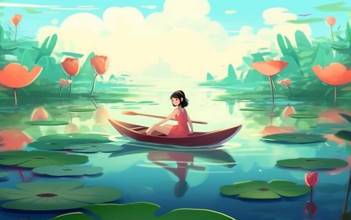 湖泊划船睡莲风光插画背景