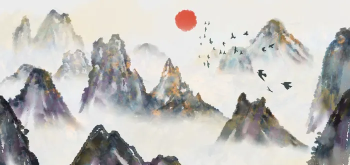 高山日出风景绘画PSD素材