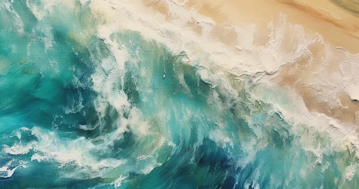 海浪拍打沙滩的水彩插画背景(4560x2400)