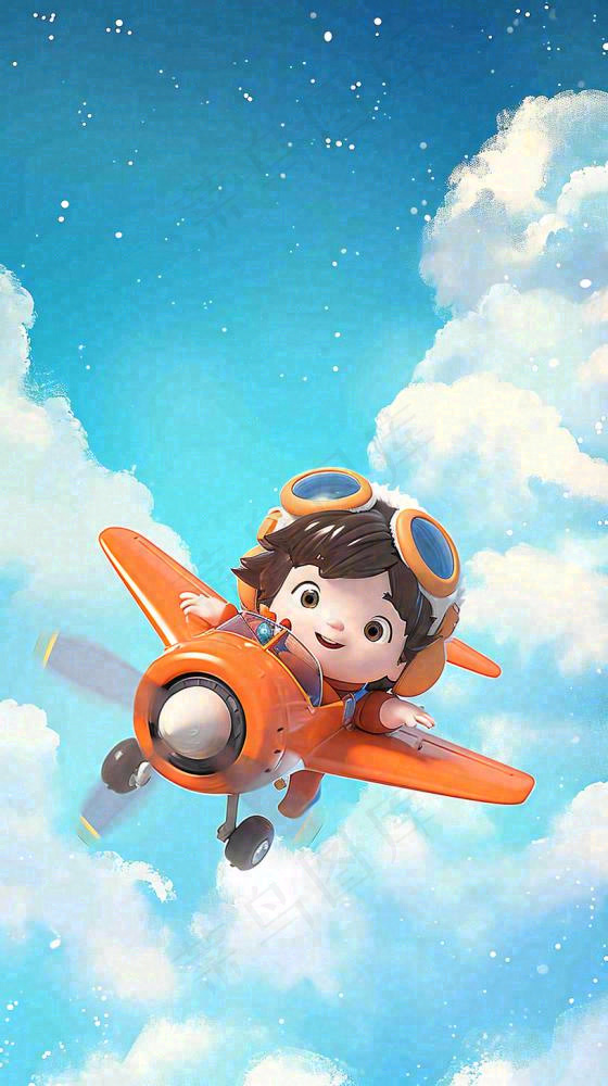 卡通少年男孩飞行飞机玩耍，可爱儿童节，天空白云