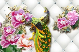 雕塑孔雀牡丹花背景墙