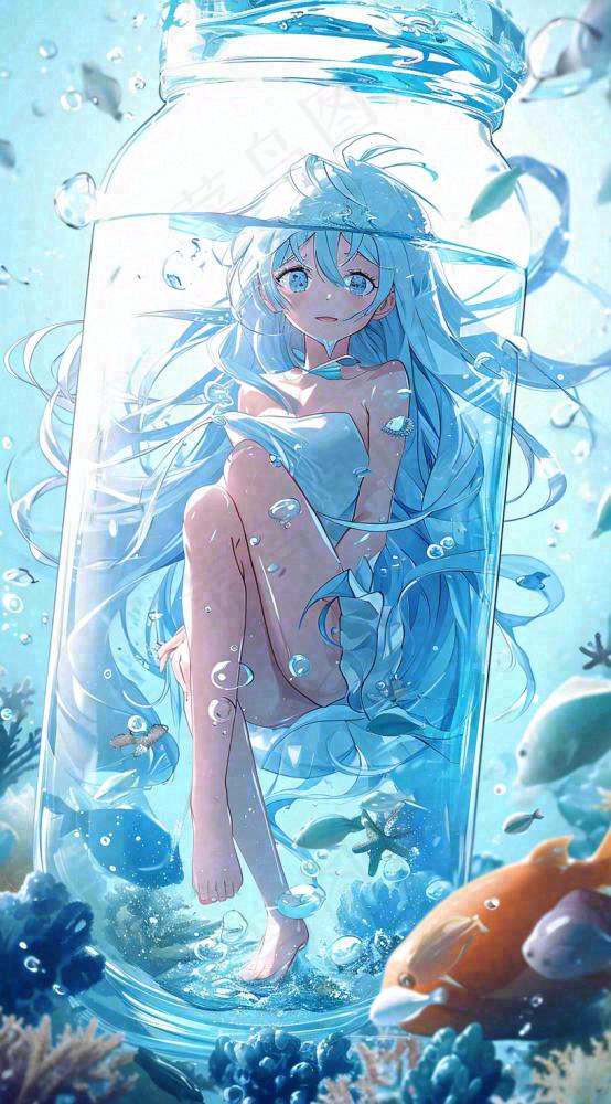漫画少女海底瓶罐金鱼水面鱼类游泳插画手绘(816x1472)
