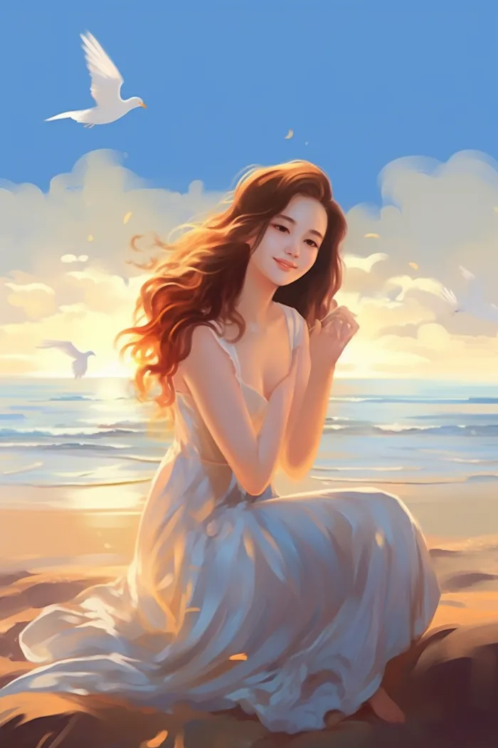 夕阳下少女坐着沙滩上海浪海鸥插画素材背景(x)