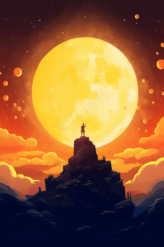 中秋月亮山顶的人卡通插画素材