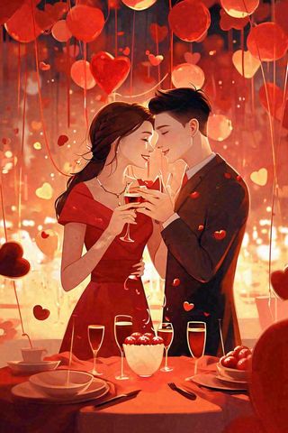 情人节爱心浪漫情侣晚餐生日蛋糕插画手绘