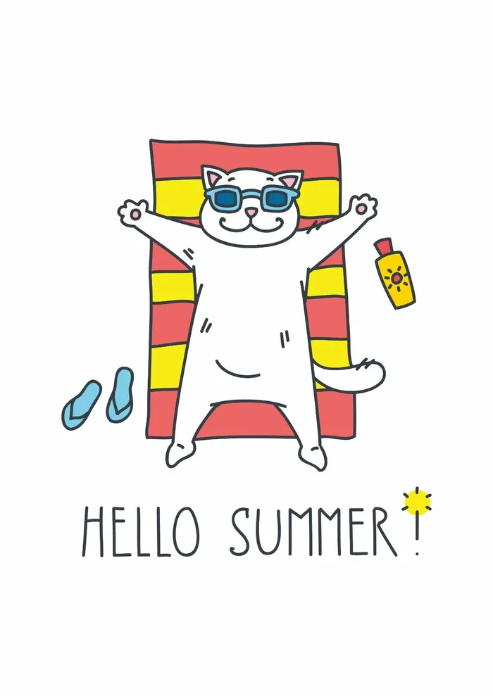 夏天猫咪海边晒太阳眼墨镜拖鞋cdr矢量模版下载